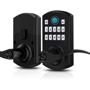 Fingerprint Keypad Door Lock with Handle, Keyless Entry Door Lock for Front Door, Easy Passage Mode,  Door Lock with Code, Matte Black