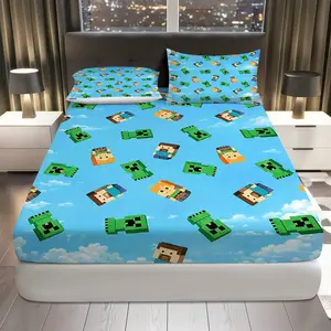 3Pcs Gaming  Blocks Fitted Sheet Three Piece Set (1*Fitted Sheet+2*Pillowcases, Coreless), Birthday theme,  Bedroom Bedding Set, Mattress Protector Soft, Breathable