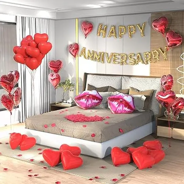 Anniversary Decorations, Happy Anniversary Banner, Latex Heart Balloons, Foil Heart Balloons, Red Silk Rose Petals for Romantic Night Weddings Bridal Showers Bachelorette Party Decorations