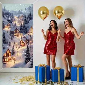 Winter Village Scene Door Curtain Banner, Polyester Material, Indoor Outdoor Christmas New Year Party Decoration, Wedding Birthday Photo Backdrop