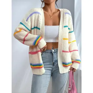 Women's Striped Print Open Front Cardigan, Casual Drop Shoulder Long Sleeve Pocket Cardigan for Fall & Winter, Ladies' Knit Clothing for Daily Wear