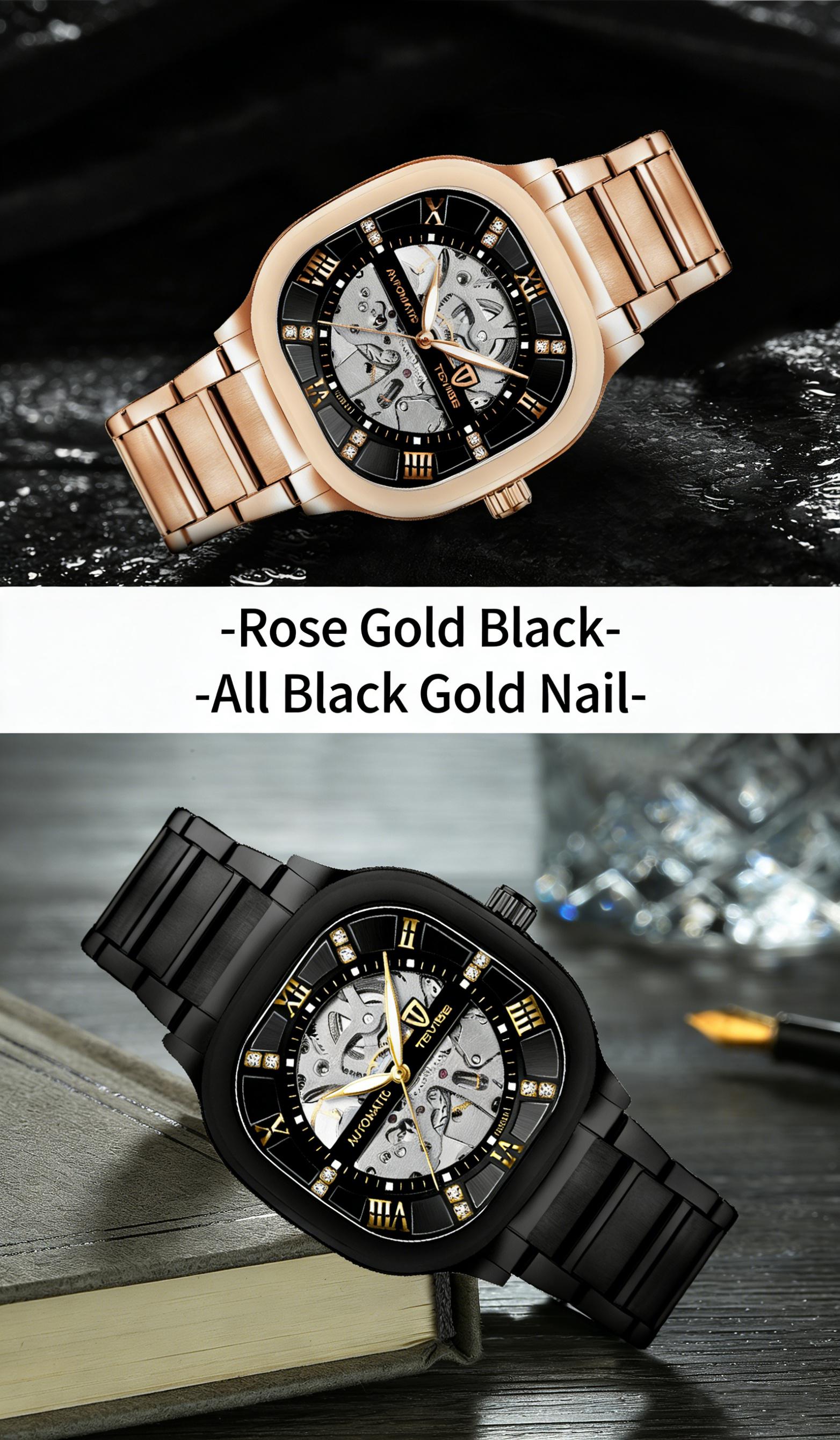 Luxury Men's Skeleton Automatic Watch, Gold Accent, Square Case, Business Stainless Steel Timepiece