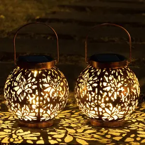 2 Pack Outdoor Solar Hanging Lantern Lights,  Tabletop with Handle, LED Moroccan Lanterns, Metal Decorative Garden Solar Lights for Patio, Lawn, Porch, Backyard