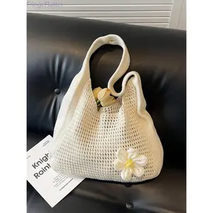Women's Solid Color Straw Bag with Floral Decor • Fashion Crochet Shoulder Bag • Casual Versatile Daily Commute Purse