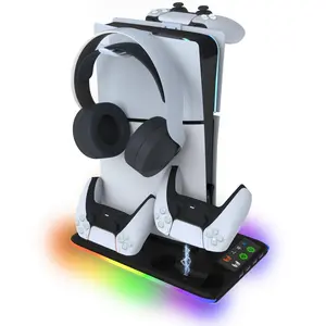 Controller Charger Station for PS5 & PS5 Slim, Gamepad Charging Base, Smart Charging Dock with 3 Level Cooling Fan & RGB Light & Wireless Headphones Holder for PS5 Console, White, Digital, Tween Gifts, Electronic Gadgets