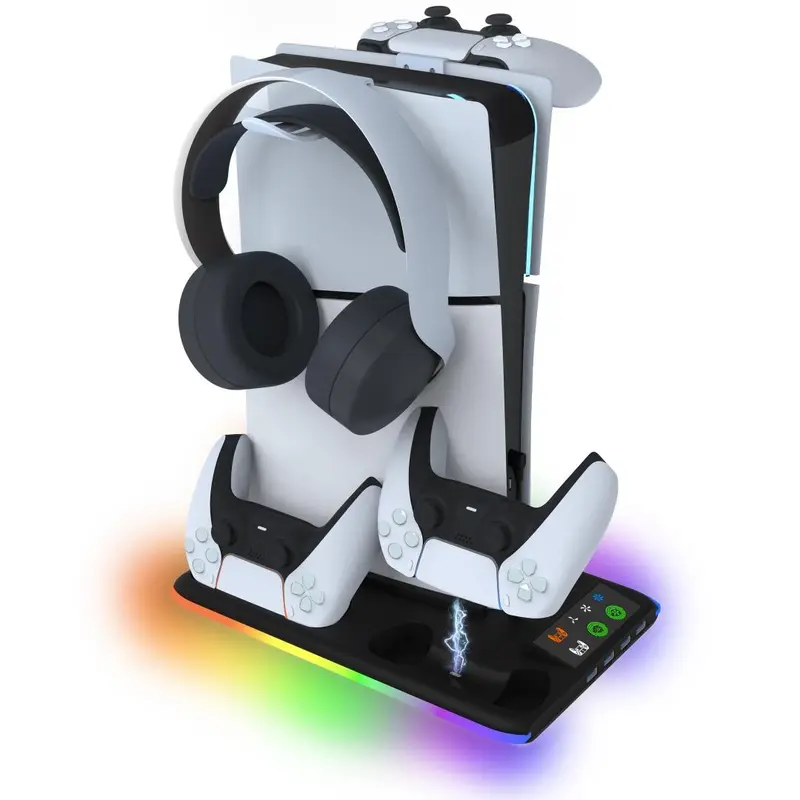 Controller Charger Station for PS5 & PS5 Slim, Gamepad Charging Base with 3 Level Cooling Fan & RGB Light & Headset Holder, Accessories for PS5 Console, Gaming Console Accessory