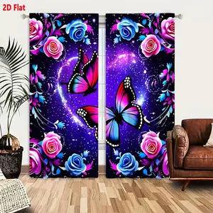 2D Flat 2 Piece Curtain Set, Fantasy Butterfly Floral Design with Pink Blue Purple Heart Sparkles, Romantic Starry Background, Symmetrical Decorative Window Curtains for Bedroom Living Room