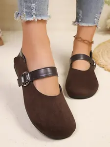 Women's Plain Cow Suede Soft Mary Jane Shoes, Low Heel Rubber Sole, Casual Daily Wear Footwear, Comfortable Slip-On Design, Soft Bottom Shoes