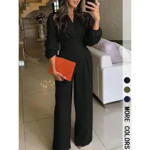 Women’s V-neck pleated solid-color long-sleeve jumpsuit, an elegant casual piece—fashionable and multifunctional