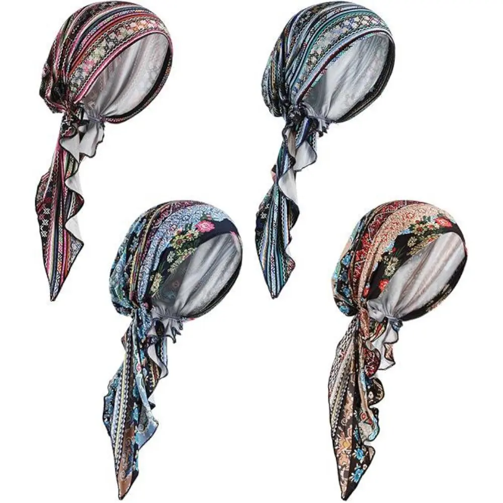 4Pcs Printed Pre-Tied Head Scarf Turbans, Stylish Floral Printed Chemo Headwear for Women, Soft Comfortable Cancer Caps, Breathable Wrap Head Cover, Practical Daily Wearing Accessories & Thoughtful Gifts for Patients
