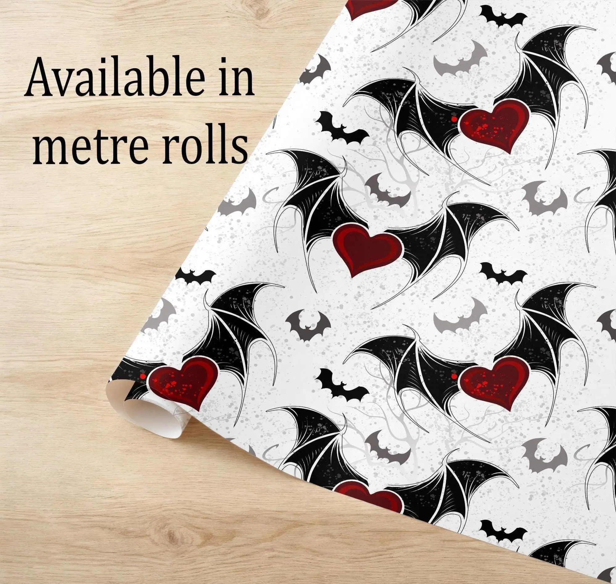 Black and White Bat Wings Red Hearts Wrapping Paper, Gothic Valentine Gift Wrap