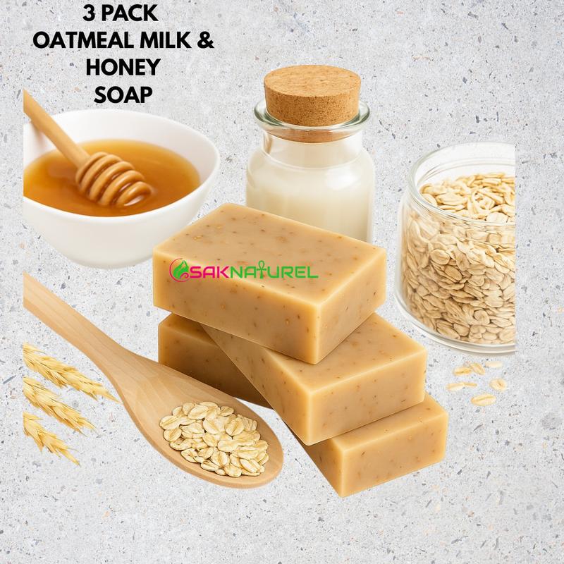 (3 PACK)OATMEAL MILK HONEY SOAP Sensitive skin Soap  Soothing Soap- All Natural Skincare for Daily Use,  Body acne dark spot remover, Bar soap for Eczema, Psoriasis, Face, Body, Men Women Teens with Oily Skin