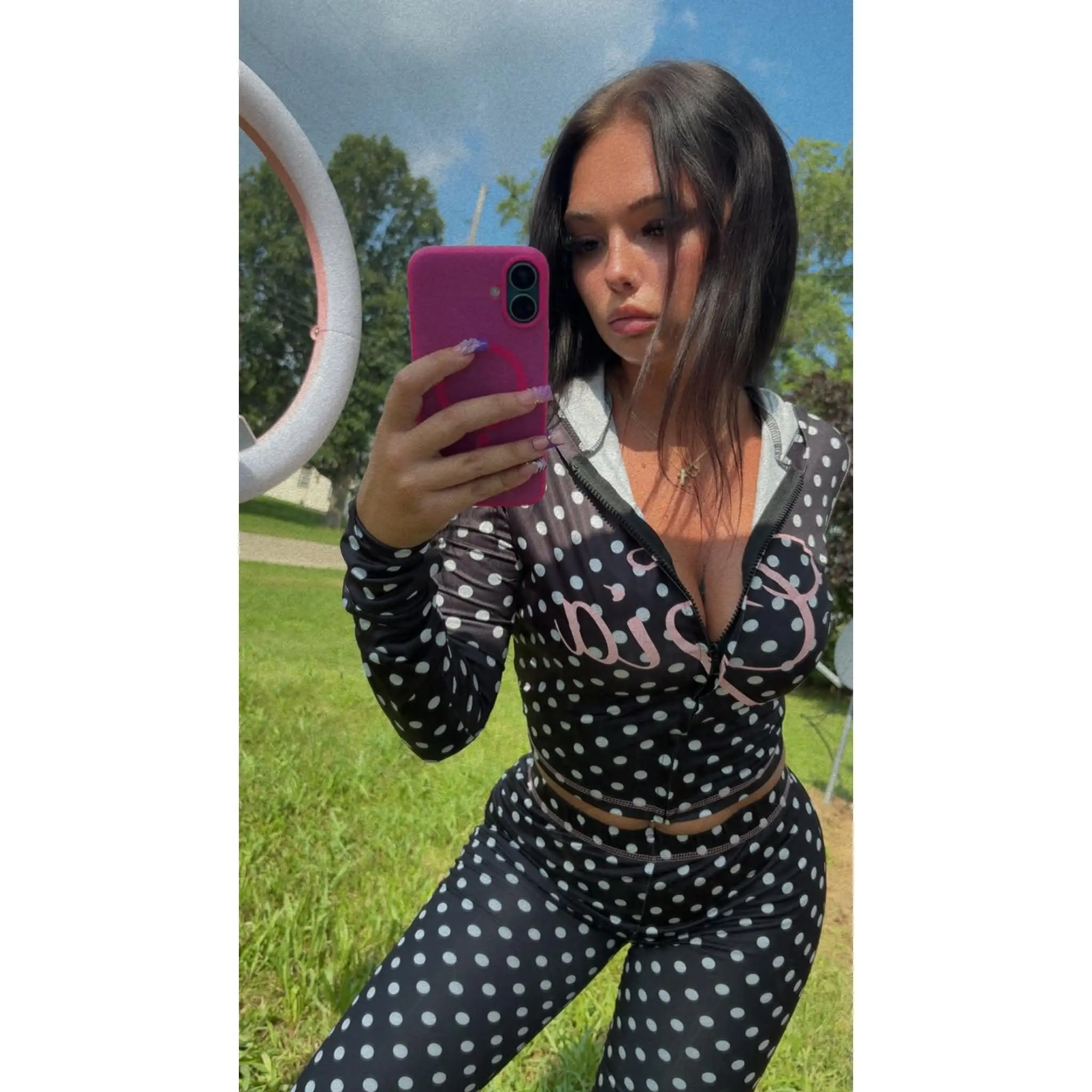 Dark Desire Polka Dot 2 Piece Matching Set - High Glam Luxury Streetwear Wrap Top & Fitted Pants Lounge Set - Elite Comfort Sculpting Two-Piece Outfit