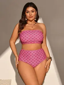 Plus Size Summer Vacation Beach All-Over Print Bandeau Bikini Set High Waist Full Cup Pink Elegant Wireless Bra 100% Polyester