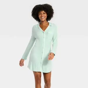 Women's Cozy Ribbed Notch Collar Pajama Gown - Auden Mint S
