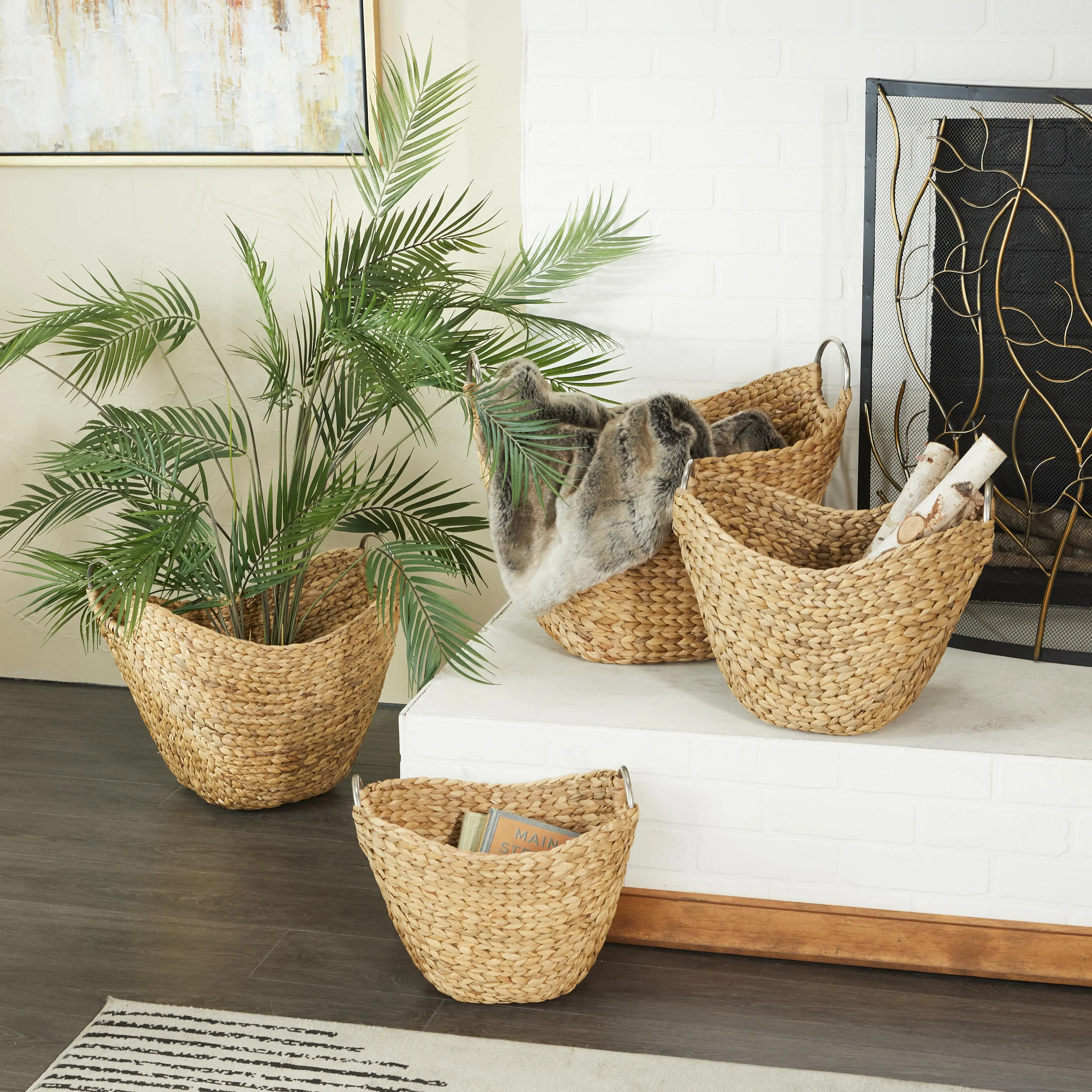 Handmade Brown Seagrass Woven Curved Storage Basket Organiser Set of 4 (14",16",19",21"W) with Silver Metal Handles for Laundry & Living Room Decor