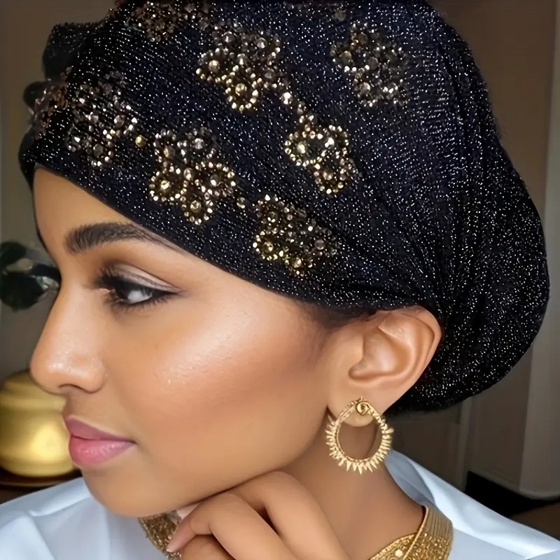 Women's Elegant Fashion Turban Head Wrap - Rhinestone Plum Blossom Accents, Jacquard Print, Elastic Fit Turban Cap for Ramadan, Eid Celebrations