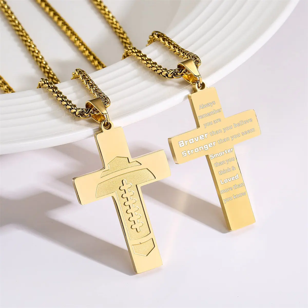 Stainless Steel Football Cross Bible Pendant Necklace, Artificial Gemstone Jewelry for First Communion, Baptism, Birthday, Casual Wear, Valentine's Day, Cross Shape, Daily Wear, Unisex, Elegant, Heart, Metal Coating, Zircon