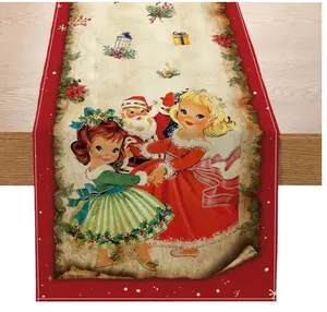 Vintage Christmas Table Runner Christmas Decorations - Red Vintage Style Santa Claus Girls Merry Christmas Winter Xmas Home Kitchen Dining Table Decor, Christmas Party Decorations 13 x 72 Inch
