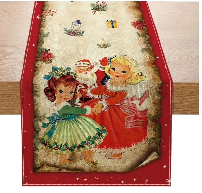 Vintage Christmas Table Runner Christmas Decorations - Red Vintage Style Santa Claus Girls Merry Christmas Winter Xmas Home Kitchen Dining Table Decor, Christmas Party Decorations 13 x 72 Inch