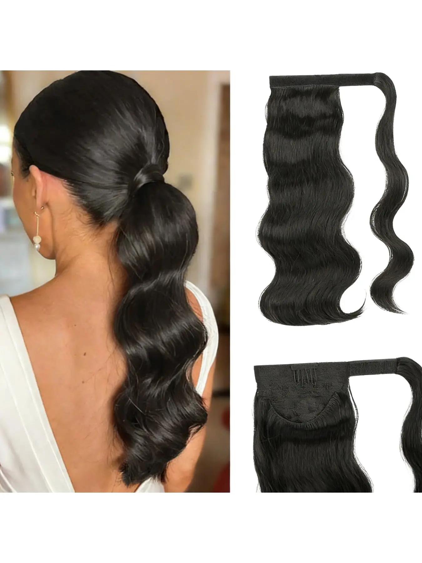 Magic Tape Wrap Synthetic Hair Tail Band, Large Wave Hair Extension, Synthetic Extensions, Voluminous Egg Roll Ponytail, Suitable for Daily Wear, Women, Wavy Synthetic Hairpiece