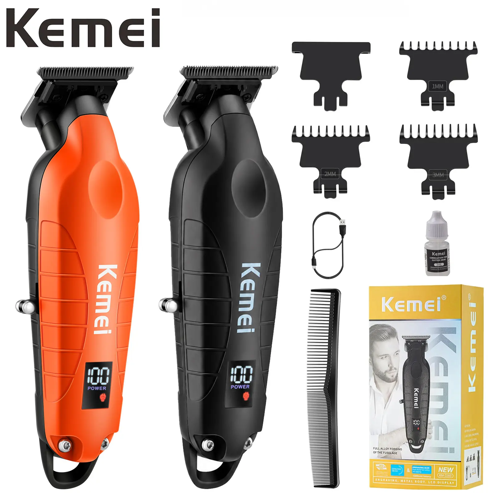 KEMEI 2293 Professional T-Blade Trimmer for Men, Hair & Beard Clippers, Cordless Rechargeable Electric Barber Trimmer with Cleaning Brush