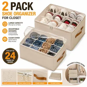 2 Pack Shoe Organizer for Closet, Foldable Shoe Storage Boxes with Clear Lid & Adjustable Dividers, Large Space Saving Shoe Storage Bin for Sneakers, Heels & Boots, Beige
