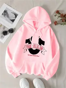 Women's Letter Print Drop Shoulder Hoodie, Fashion Casual Drawstring Kangaroo Pocket Hooded Sweatshirt for Daily Holiday Outdoor Wear, Ladies Clothes for All Seasons