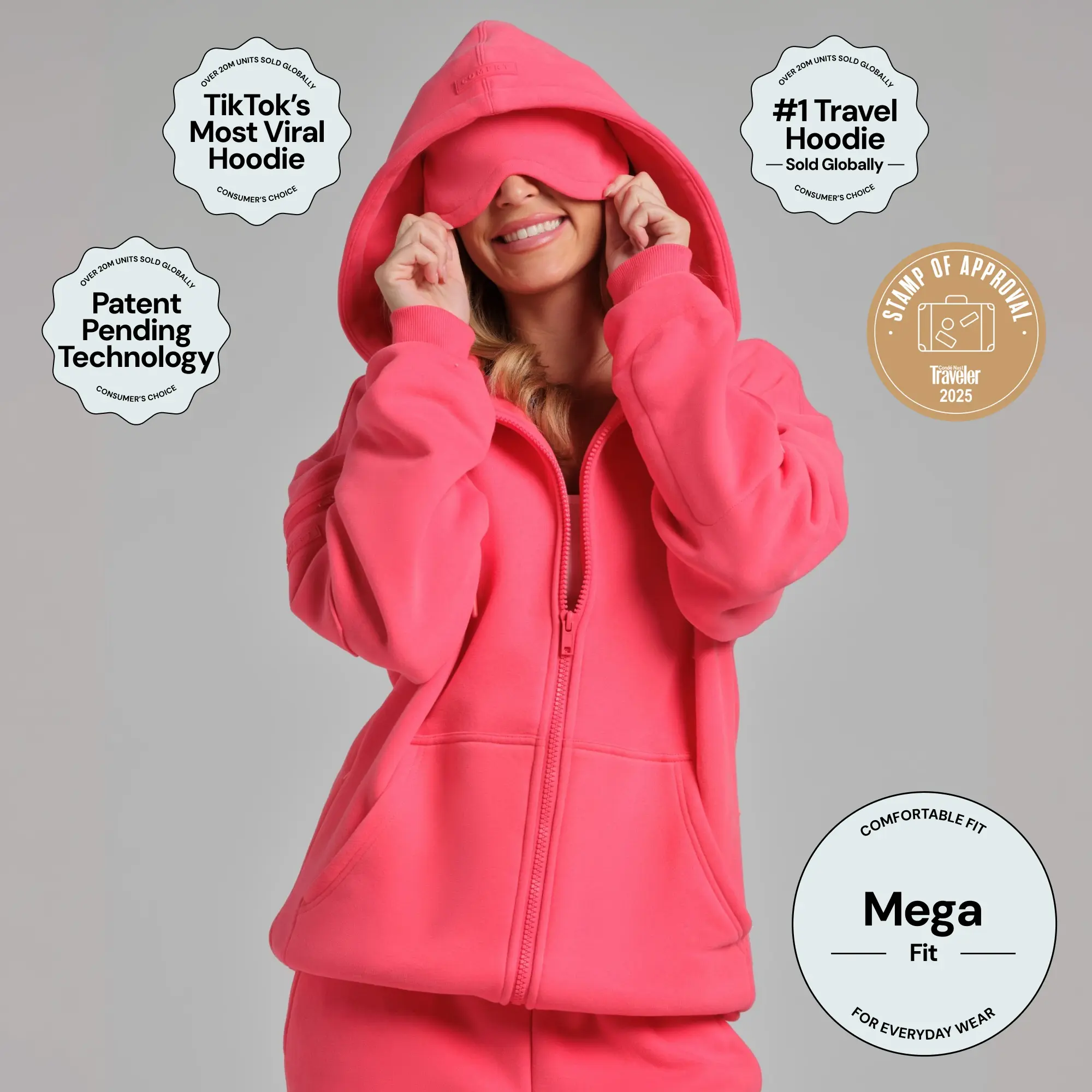 Comfrt | Airplane Mode Travel Zip Hoodie - Mega | Zip Up Hoodie With Eye Mask For Travel & Airport Outfits