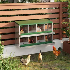 8-Compartment Chicken Nesting Box with Perch & Secure Lid, Metal Design, Versatile Wall-Mounted or Free-Standing, Ideal for Hens, Green