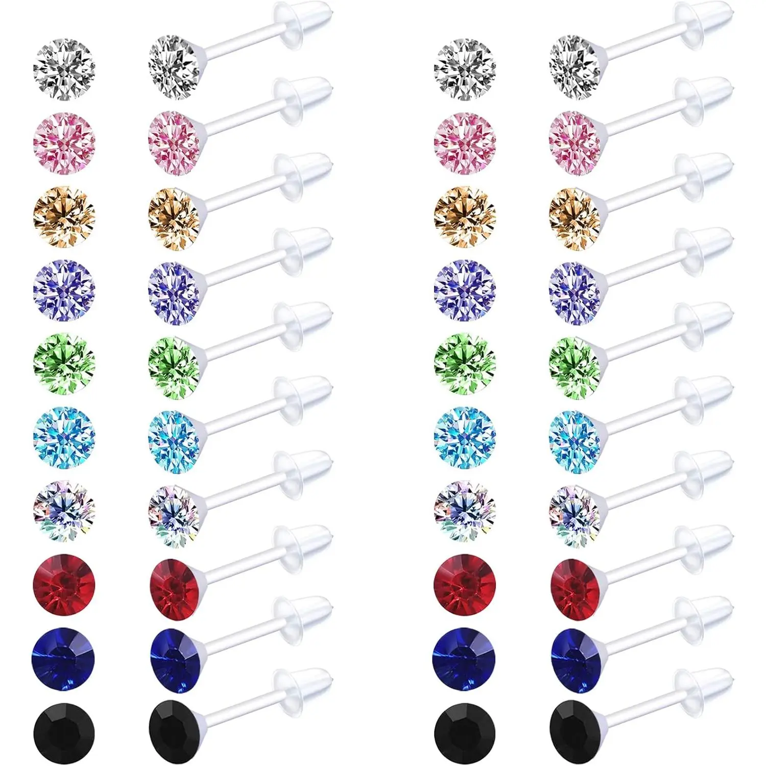 Plastic Earrings 80pcs Colorful Cubic Zirconia for Gril  medical grade plastic Post earrings sensitive ears 3mm stud women hypoallergenic
