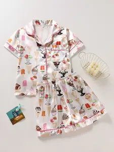 Girls' Sleepwear Set Ice Cream Cone Print Button Front Short Sleeve Top Elastic Shorts Satin Fabric Comfortable Home Wear Sleepwear Pajamas