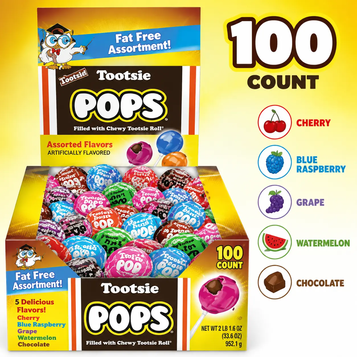Tootsie Rolls Assorted Pops 100 Count  Fruity Lollipops with Chewy Tootsie Roll Center | Bulk Party Candy Treats