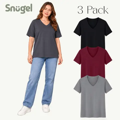 SNUGEL Women’s Oversized Size V-Neck T-Shirt (1/3 Pack) – Soft Lightweight Short Sleeve Basic Tee, Breathable Loose Fit Casual Top for Everyday & Fall Layering (Size Down for Best Fit)