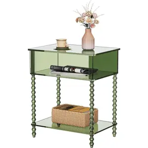 Acrylic Side Table, Clear 3-Tier End Table with Storage, Nightstand for Living Room, Bedroom, Office (Green, Large)