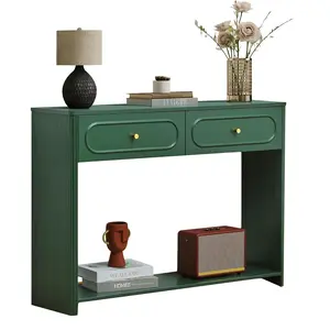 Giratree 43.3" Fluted Console Table with Drawers, Mid-Century Narrow Entryway Table with Open Storage Shelves, Hallway Accent Tables Behind Couch Tables for Living Room