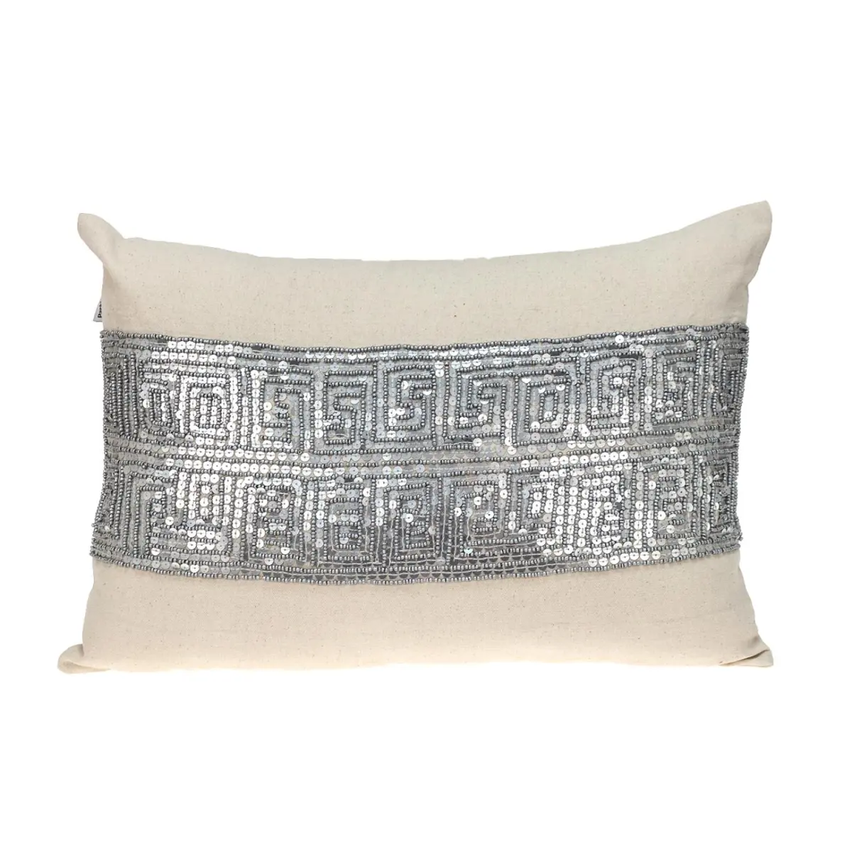 Parkland Collection PILM21438 360-Stand Rectangle Cotton Throw Pillow, Misty Beige, Embroidered Silver Geometric Greek Key Pattern, Hidden Zipper, Handmade, Contemporary Glam Transitional Style, Indoor Use