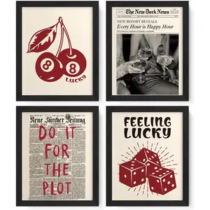 Trendy Retro Y2K Red Lucky 8 Ball Cherry  Happy Hour Posters Wall Art Prints Set of 4, Bar Cart Decor, Y2K Room Decor, Funky Home Decor, Preppy Room Decor, 12x16 Inch Unframed