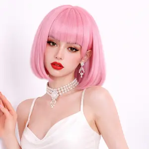Glueless Bob Wig Pink Hair With Bangs Heat Resistant Synthetic Wear Go Y2K Aesthetic For E-Girl Daily Wear