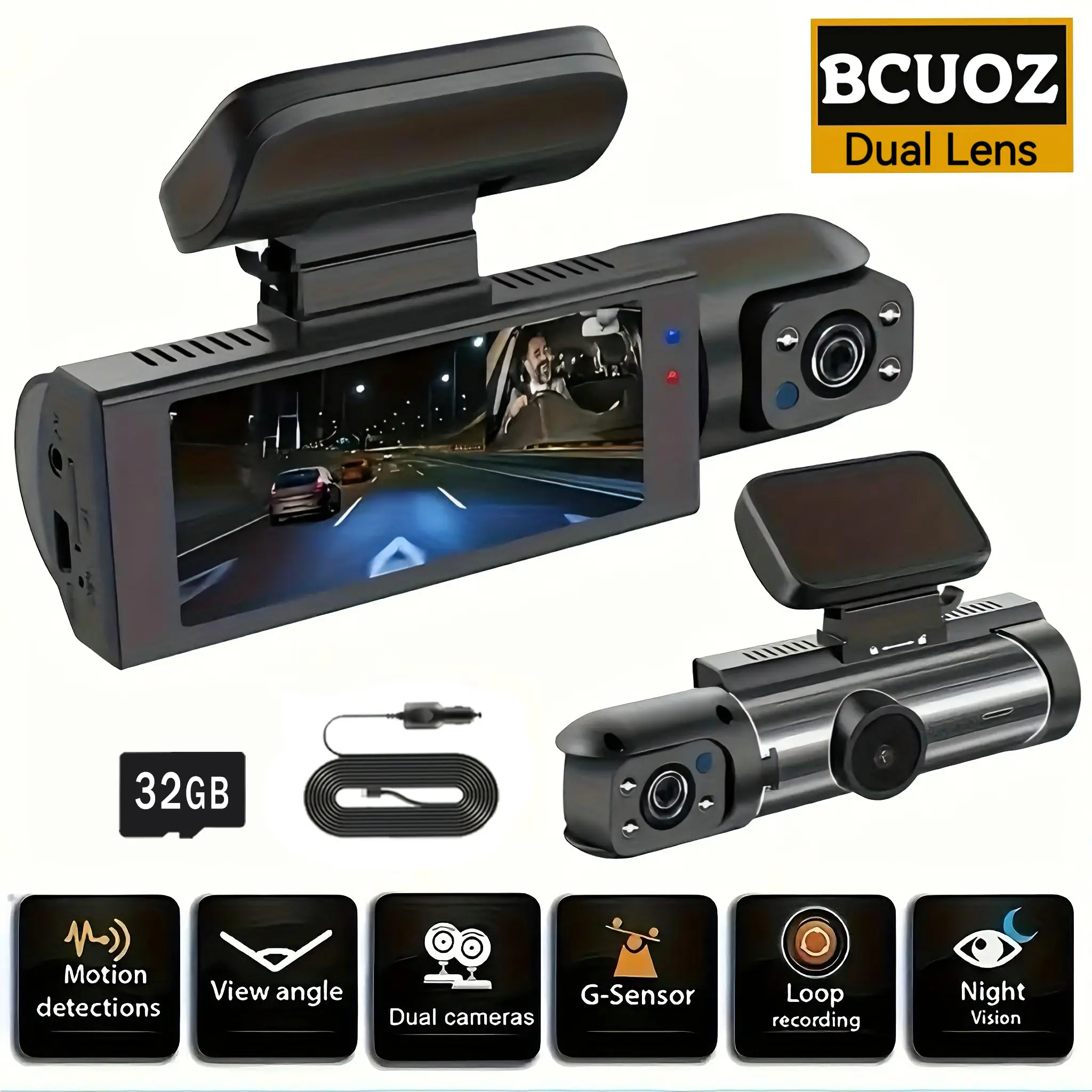 Bcuoz-Dash Cam FHD 1080P Car Camera, Front and Inside Dash Camera for Cars, Mini Dashcams for Cars with Night Vision, WDR, Loop Recording, G-sensor