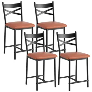 Bar Stools Set of 2/ Set of 4, Counter Height Bar Stools Metal Dining Chairs with Back and Thick Cushion PU Leather Restaurant Dining Room Chairs with Waterproof Surface, Brown/Black/Gold