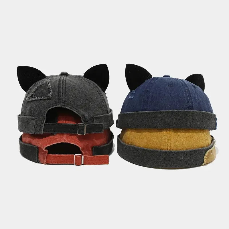 Cute Cat Ears Brimless Hat Cotton Breathable Washed Docker Cap Skullies Hats for Men and Women