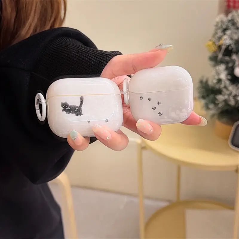 Winter Snowboarding Black Cat | White Dog | Round Buckle | Earphone Cover | Best Friend Gift | for AirPods 1 2 3 4 Pro Pro2 Pro3 | Headphones Protection