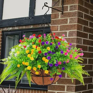 19.69-inch artificial hanging flower basket is suitable for outdoor spring and summer decoration. UV-resistant artificial roses, eucalyptus and Boston ferns are suitable for indoor and outdoor garden, porch, balcony and terrace decoration.