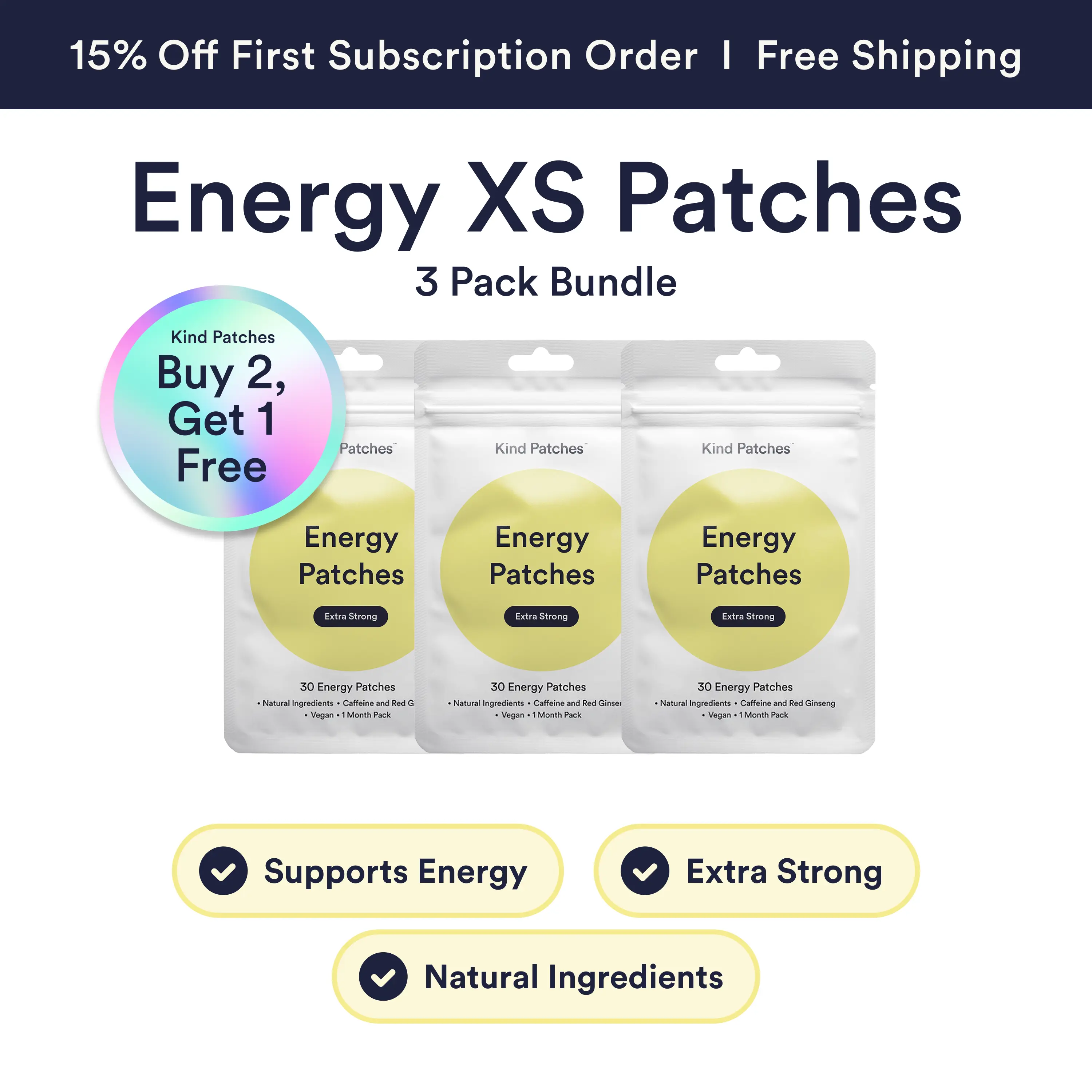 3 Packs of Kind Patches Energy Patches Extra Strong, Natural Ingredient, Caffeine and Red Ginseng, Vegan, 3 Months Supply
