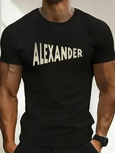 Custom Name Alexander Print T-Shirt, Casual Round Neck Short Sleeve, Minimalist Personalized Text Print, Long Slim-Fitting Tee for All Seasons