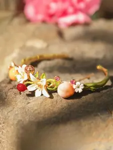 Vintage Colorful Enamel Flower Peach Bracelet, Elegant Sweet Women's Jewelry, Perfect for Parties and Daily Wear, Adjustable Cuff, Rhinestone Decorated Bracelet, Rhinestone Bangle