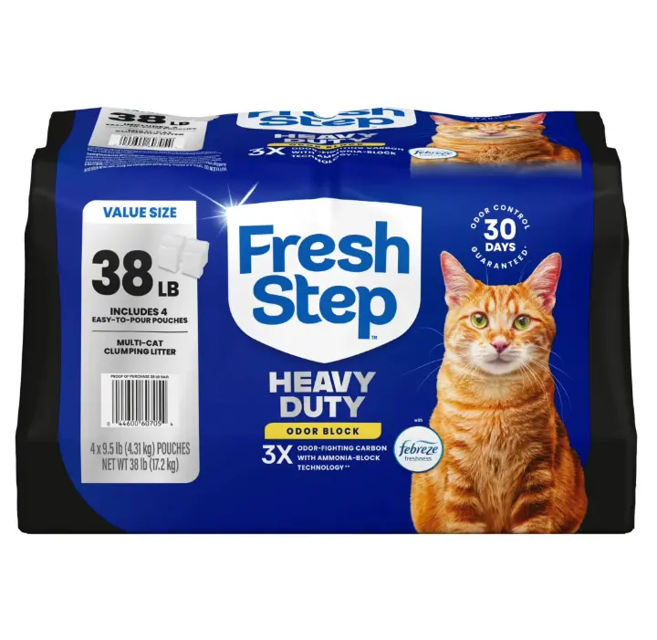 Fresh Step Heavy Duty Odor Block Multi-Cat Clumping Cat Litter, Febreze Freshness Scent, 38 lb, Easy Pour Pouches (4 Pack)
