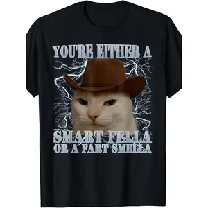 You'Re Either a Smart Fella Or a Fart Smella Funny Cat Meme T-Shirt Regular Fit, Crew Neck, Medium Stretch Fabric, Print Pattern, Perfect for Teenager, Casual And Street Style, Suitable for All Seasons And Occasions, for Teenager, For Teenager
