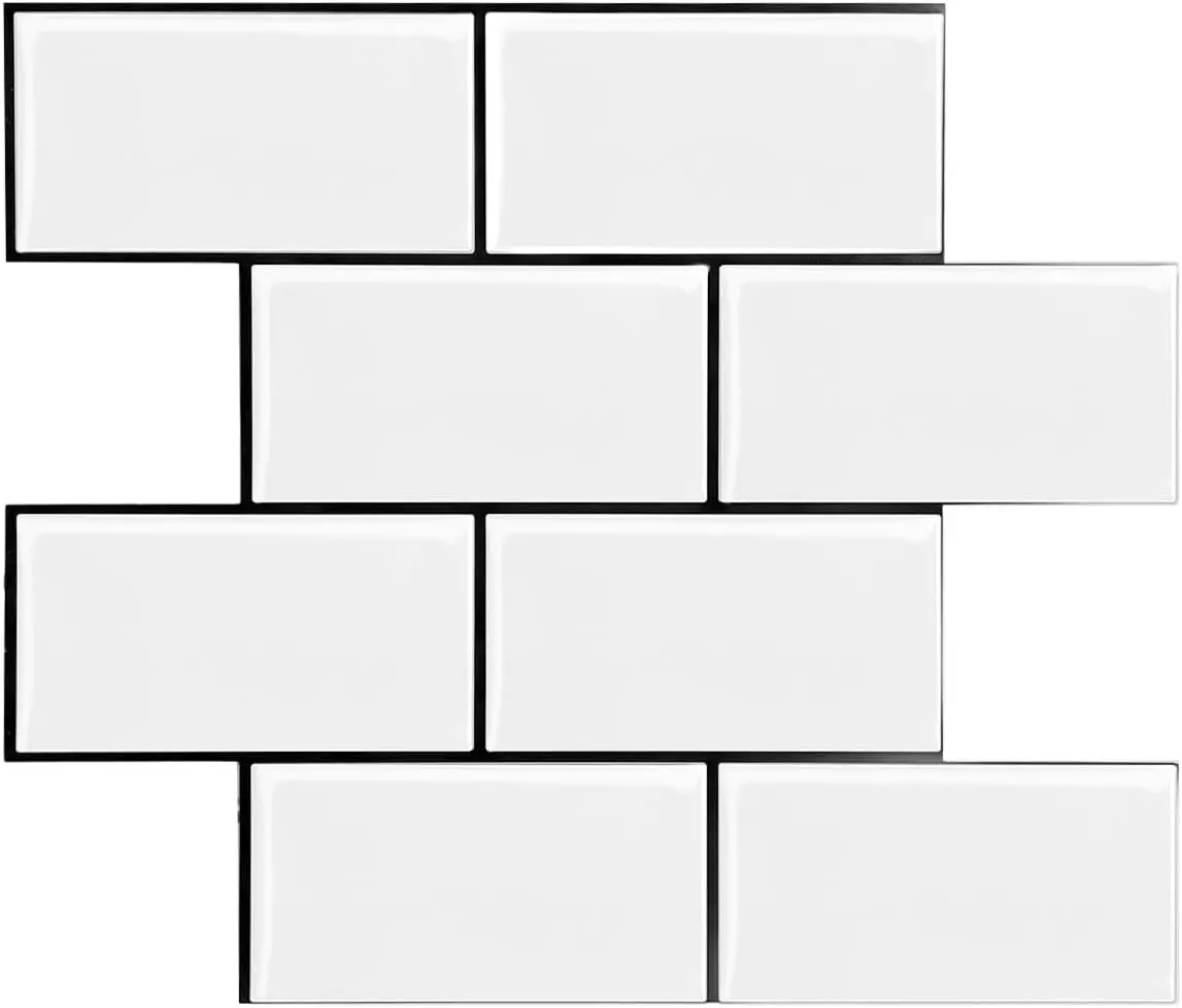 Self-Adhesive Subway Tile Backsplash - 10-Sheet Peel and Stick Vinyl Wall Tiles, 12.6in x 10.6in, 2mm-2.5mm Thick Durability Design, Solid Stronger Glue Backing, Easy Install, 1.4x Coverage for Kitchen & Bathroom (White with Black Grout)